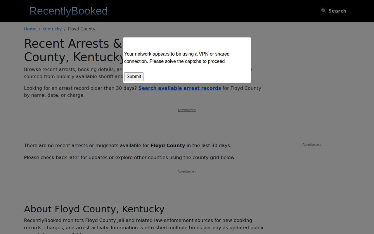 Unofficial Floyd County recent booking archive status