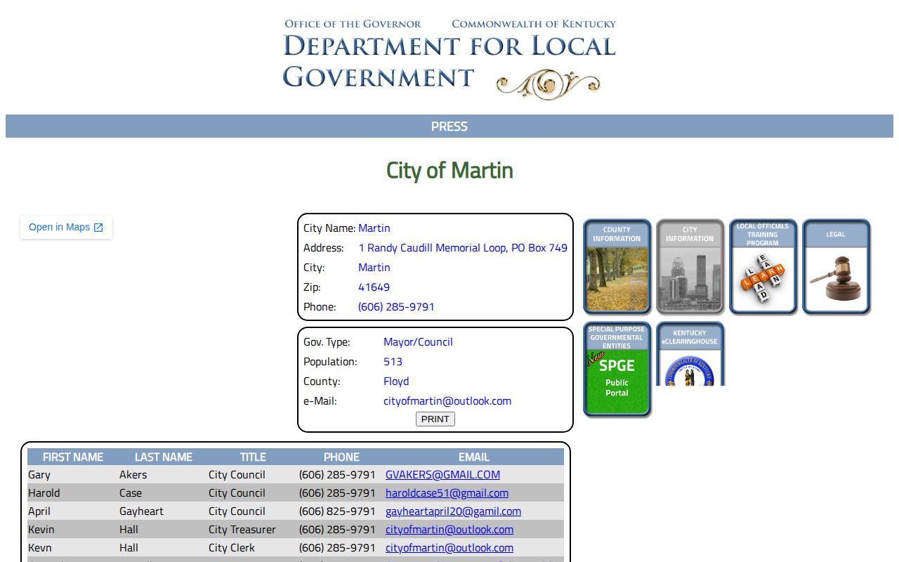 Martin Kentucky official city and police arrest-record contact in Floyd County
