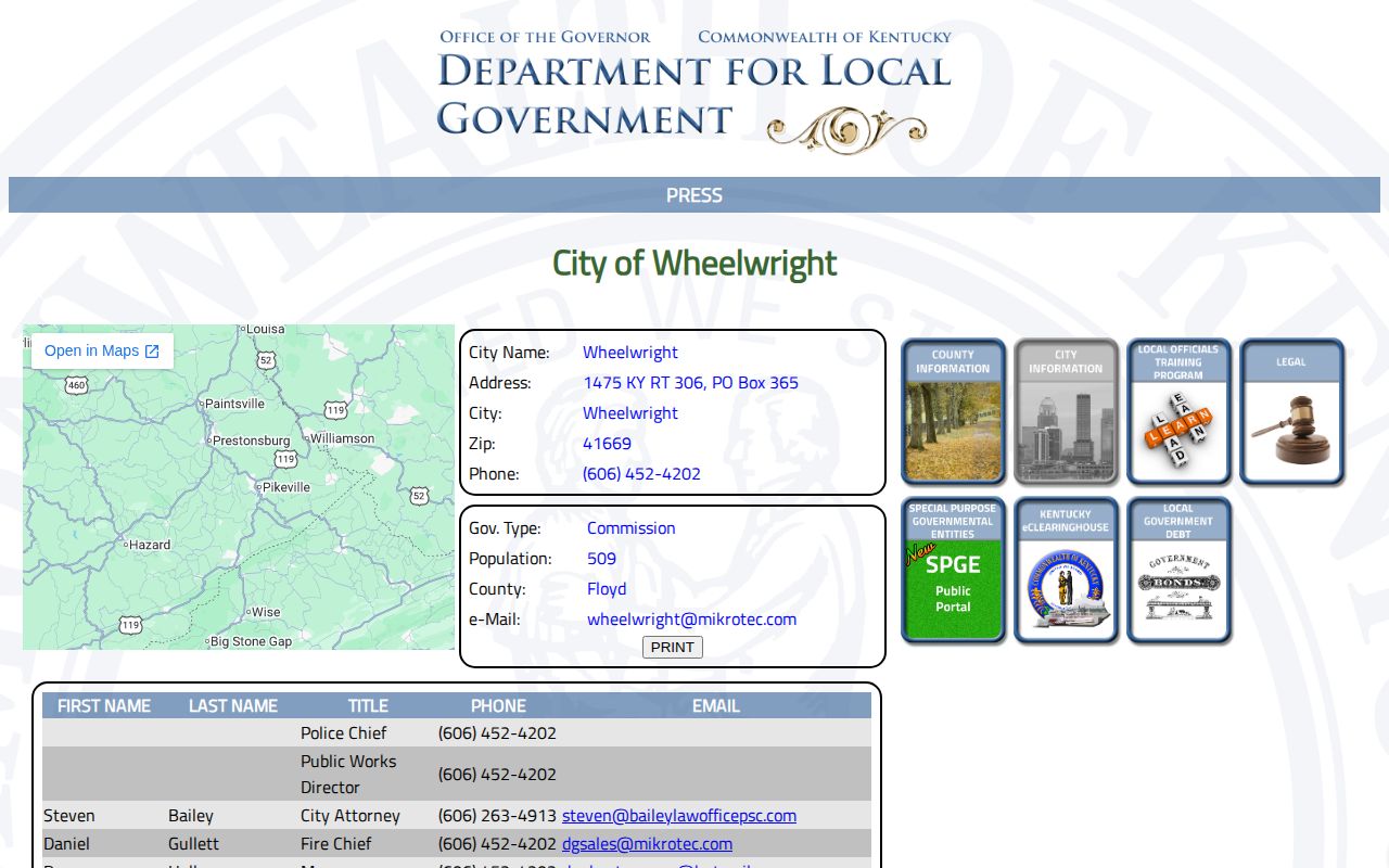 Wheelwright Kentucky official city and police arrest-record directory in Floyd County